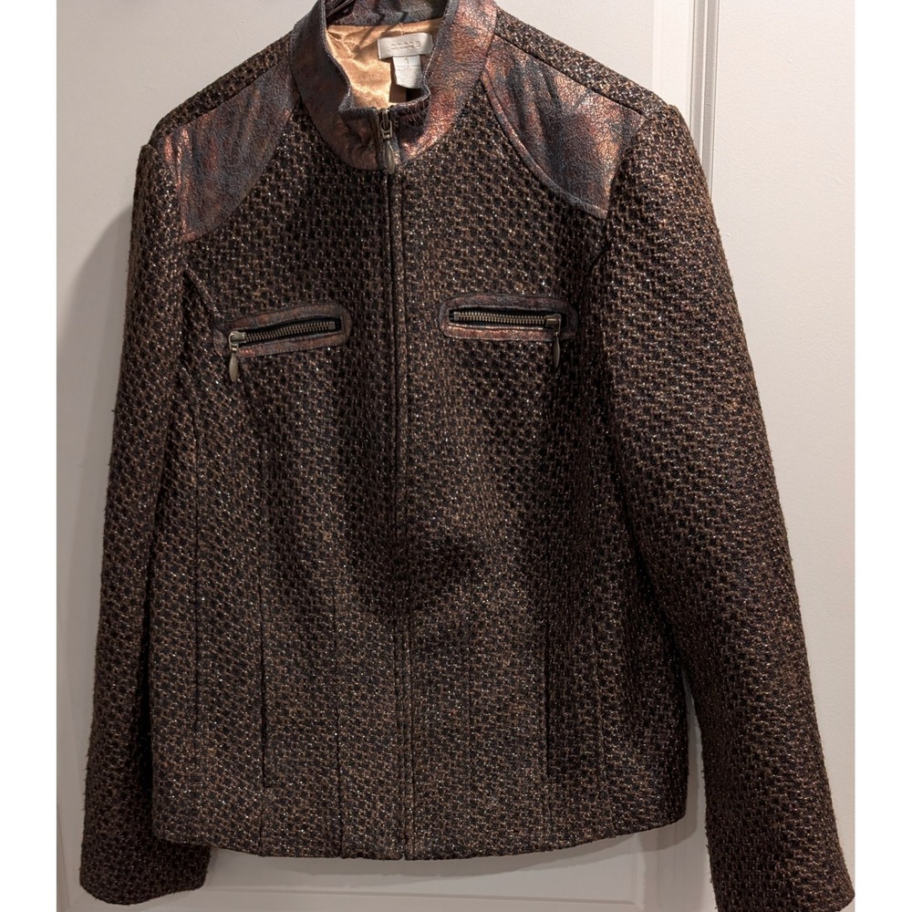 Chico’s Metallic Moto Cardigan Jacket Bronze Textured Zip Womens 1 M